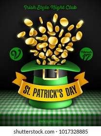 Saint Patrick's Day party poster design, 17 March Feast of Saint Patrick celebration, club invitation with leprechaun hat and gold coins on green tablecloth, vector illustration 