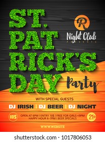Saint Patrick's Day party poster design, 17 March nightclub invitation with green glass lettering on wooden background, vector illustration
