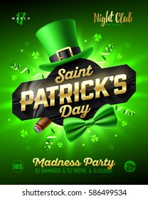 Saint Patrick's Day party poster design, 17 March nightclub invitation with leprechaun hat, gold lettering, party streamers, bow tie and smouldering cigar on bright shining green background, vector.