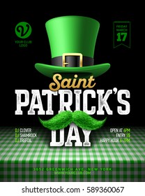 Saint Patrick's Day party poster design, 17 March celebration invitation with vintage lettering, leprechaun hat, green mustache on checkered tablecloth vector illustration