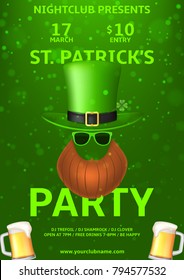 Saint Patrick's Day Party Poster. Vector Illustration with Realistic Hat, Green Sun Glasses, Red Beard and Beer Glasses . Invitation to nightclub.