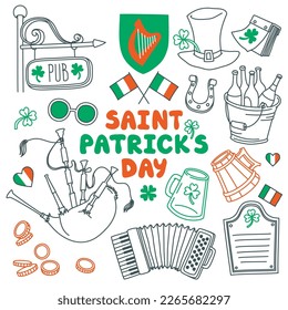 Saint Patrick's Day party set. Bagpipes, Irish flags, beer mugs, clover, leprechaun hat. Outline stroke is not expanded, stroke weight is editable