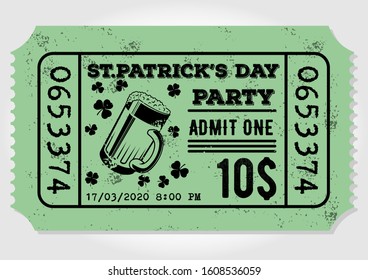 Saint Patrick's Day party ticket or admit one design template. Vintage style vector illustration
