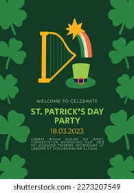 Saint Patrick's Day party vector invitation with harp rainbow, leprechaun hat and typography. Flat design for print invite