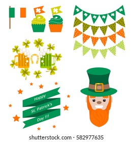 Saint Patricks day party vector objects. Red-bearded leprechaun, hat, buntings, beer, cup cakes and ribbon.