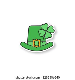 Saint Patrick's Day patch. March 17th. Leprechaun hat with four leaf clover. Color sticker. Vector isolated illustration