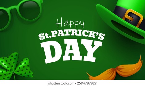 Saint Patrick's Day. Saint Patrick party poster design. 17 March celebration. Invitation with vintage lettering, hat, sunglasses and mustache. Vector illustration