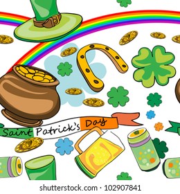 Saint Patrick's Day pattern, doodles and rainbow over white