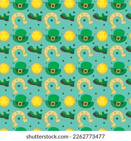 saint patricks day pattern with elements of boot, gold coin, hat and horseshoe