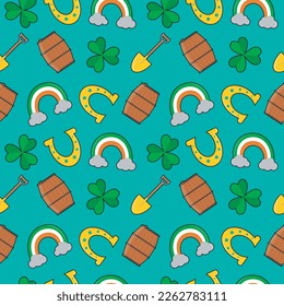 saint patricks day pattern with elements of rainbow, shamrock, horseshoe, barrel and shovel