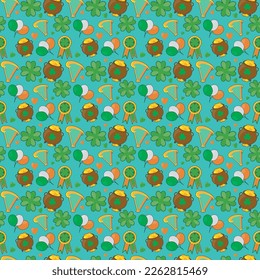 saint patricks day pattern with elements of shamrocks leaf, holyday baloons, pot with coins, badge and harp