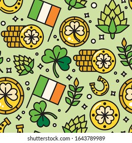 Saint Patrick's day pattern. Gift card, design for celebrities with gold, Irish flag and clover. Holiday poster, greeting banner, trendy t-shirt print. Green background
