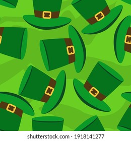 Saint Patrick's Day pattern with green hats. Irish leprechaun shenanigans lucky charm clover funny quote. Kiss me, I am Irish. Colorful print for poster, card, textiles, wallpaper, backgrounds.