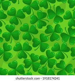 Saint Patrick's Day pattern with green clovers, shamrock. Irish leprechaun shenanigans lucky charm. Kiss me, I am Irish. Colorful print for poster, card, textiles, wallpaper, backgrounds.