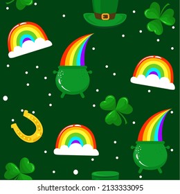 Saint Patrick's Day Pattern With Green Hats. Irish Leprechaun Shenanigans Lucky Charm Clover Funny Quote. Kiss Me, I Am Irish. Colorful Print For Poster, Card, Textiles, Wallpaper, Backgrounds.