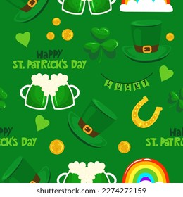 Saint Patrick's Day pattern with green hats. Irish leprechaun shenanigans lucky charm clover funny quote. Kiss me, I am Irish. Colorful print for poster, card, textiles, wallpaper, backgrounds.