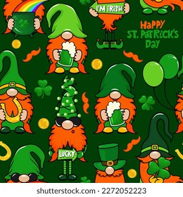 Saint Patrick's Day pattern with Irish leprechauns. Shenanigans lucky charm clover funny quote. Kiss me, I am Irish. Colorful print for poster, card, textiles, wallpaper, backgrounds.