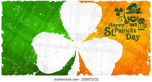 Saint Patricks day pattern with shamrock on Irish flag background & text. Vector illustration.
