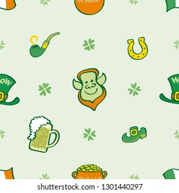Saint Patrick's Day pattern showing an Irish Leprechaun in the middle. Ireland's flag, four-leaf clovers, pot of gold, mug of beer, horseshoe, pipe, shoe and hat complete the design