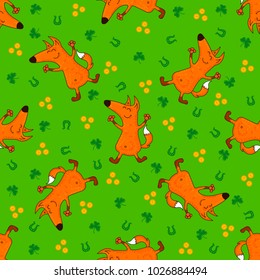 Saint Patrick's Day patterns with foxes and irish simbols. Vector doodle illustration.