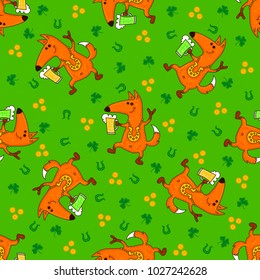 Saint Patrick's Day patterns with foxes and irish symbols. Vector doodle illustration.