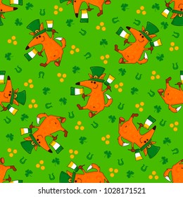 Saint Patrick's Day patterns with foxes and irish simbols. Vector doodle illustration.