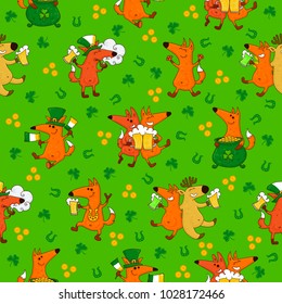 Saint Patrick's Day patterns with foxes and irish simbols. Vector doodle illustration.