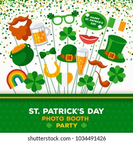 Saint Patrick's day Photo Booth Party Invitation Concept. Border with Carnival Masks and Green Falling Confetti on White Background. Vector illustration.