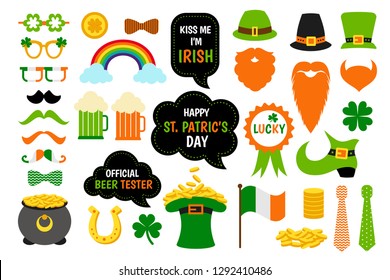 Saint Patricks Day photo booth props set. Vector shamrock, beard, leprechaun hat, pot with gold. Photobooth for irish party. 