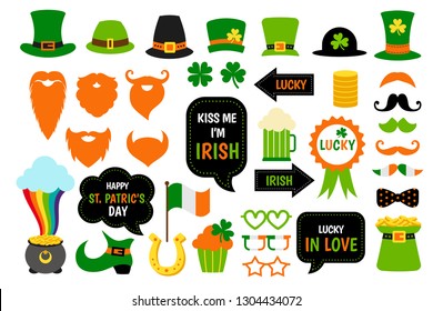 Saint Patricks Day photo booth props set. Vector shamrock, beard, leprechaun hat, pot with gold. Photobooth for irish party. 