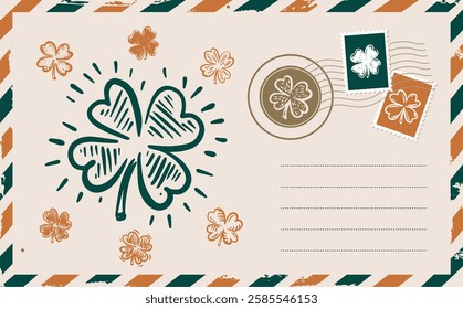 Saint Patricks Day, Postcard, air mail, hand drawn illustration	