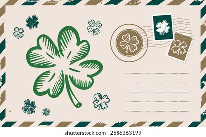 Saint Patricks Day, Postcard, air mail, hand drawn illustration	