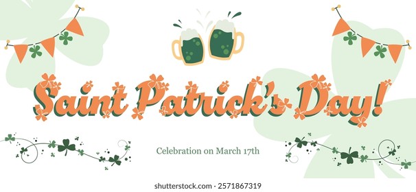 Saint Patrick's Day postcard with garlands, text greeting, two clinging green beer mugs and clover symbols. Irish national holiday card. Vector illustration.