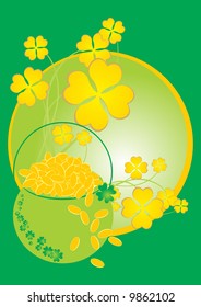 Saint patrick's day postcard with golden coins bucket and clover