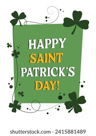 Saint Patrick's Day postcard with green frame and clover symbols. Irish national holiday greeting. Vector illustration.