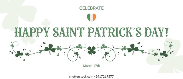Saint Patrick's Day postcard with ornament and clover symbols. Irish national flag in heart symbol and text holiday greeting. Vector illustration.