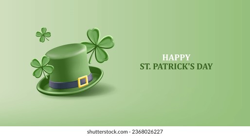 Saint Patrick's Day poster with clove leaves and green hat. Vector 3d illustration.