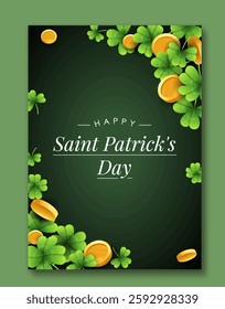 Saint Patricks Day poster. Clovers and golden coins. Event and party. Shamrock leaves. Traditional international holiday and festival. Greeting and luck. Flat vector illustration