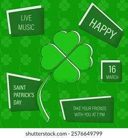 Saint Patrick's Day Poster cover template design with trendy Grain Texture. Lucky Clover with Noise Textures. Perfect minimal St Patrick Day brochure background card cover. Vector illustration. EPS 10