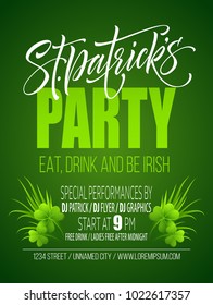 Saint Patricks Day Poster Design Background. Calligraphic Lettering Inscription Happy St Patricks Day. Vector Illustration EPS10