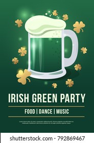 Saint Patricks Day. Poster of festive with symbols Irish holiday on green background. Beer mug with foam and gold clover. Vector illustration.