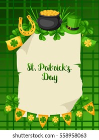 Saint Patricks Day poster. Flag, pot of gold coins, shamrocks, green hat and horseshoe.