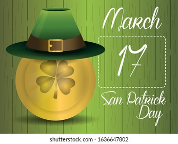 Saint Patricks day poster with a golden clover coin and a traditional irish hat - Vector