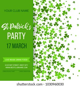 Saint Patrick's Day poster with green four and tree leaf clovers on white background. Vector illustration. Party invitation design, typographic template. Lucky and success symbols