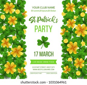 Saint Patrick's Day poster with green four and tree leaf clovers on white background. Vector illustration. Party invitation design, typographic template. Lucky and success symbols