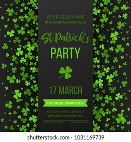 Saint Patrick's Day poster with green four and tree leaf clovers on white background. Vector illustration. Party invitation design, typographic template. Lucky and success symbols