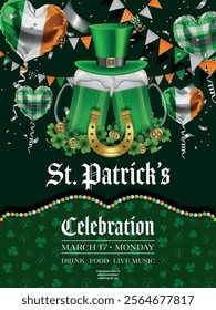 saint patrick's day poster with green beer mugs.. st. patrick's day party background with party balloons and pennants	