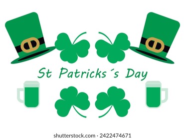 Afiche del Día de San Patricio con sombrero, trébol y jarras.