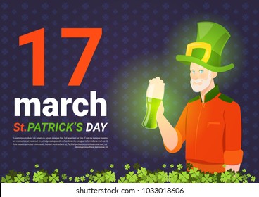 Saint Patricks Day Poster With Man In Leprechaun Hat Holding Green Beer Mug Flat Vector Illustration