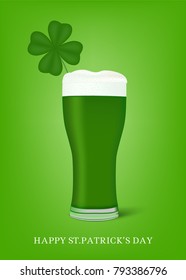 Saint Patrick's Day. Poster template with realistic glass of green beer and clover. Vector illustration